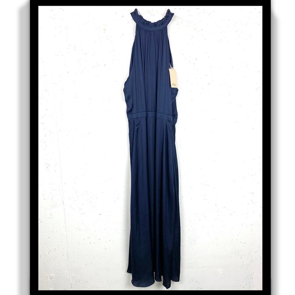 Elie Tahari Womens Blouson Ruffle Halter Midi Dress Blue Sleeveless Size 10